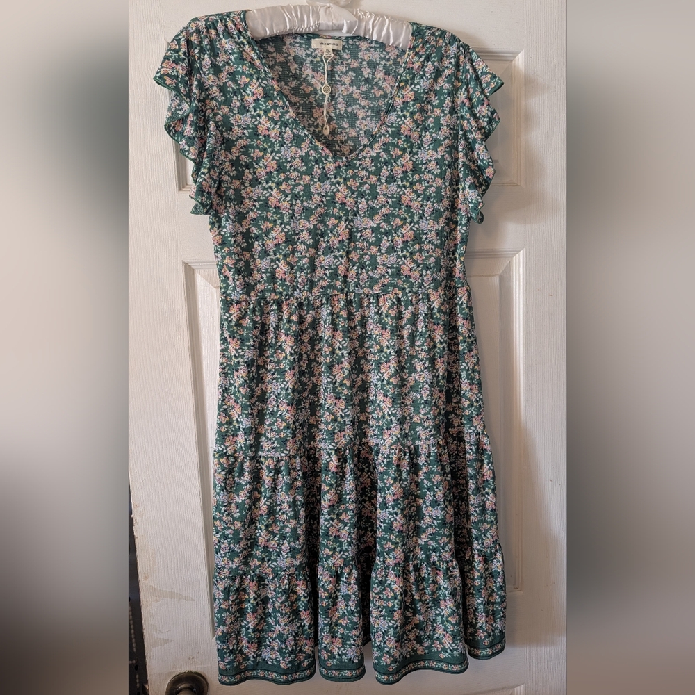 Max Studio Green Floral Tiered Mini Dress